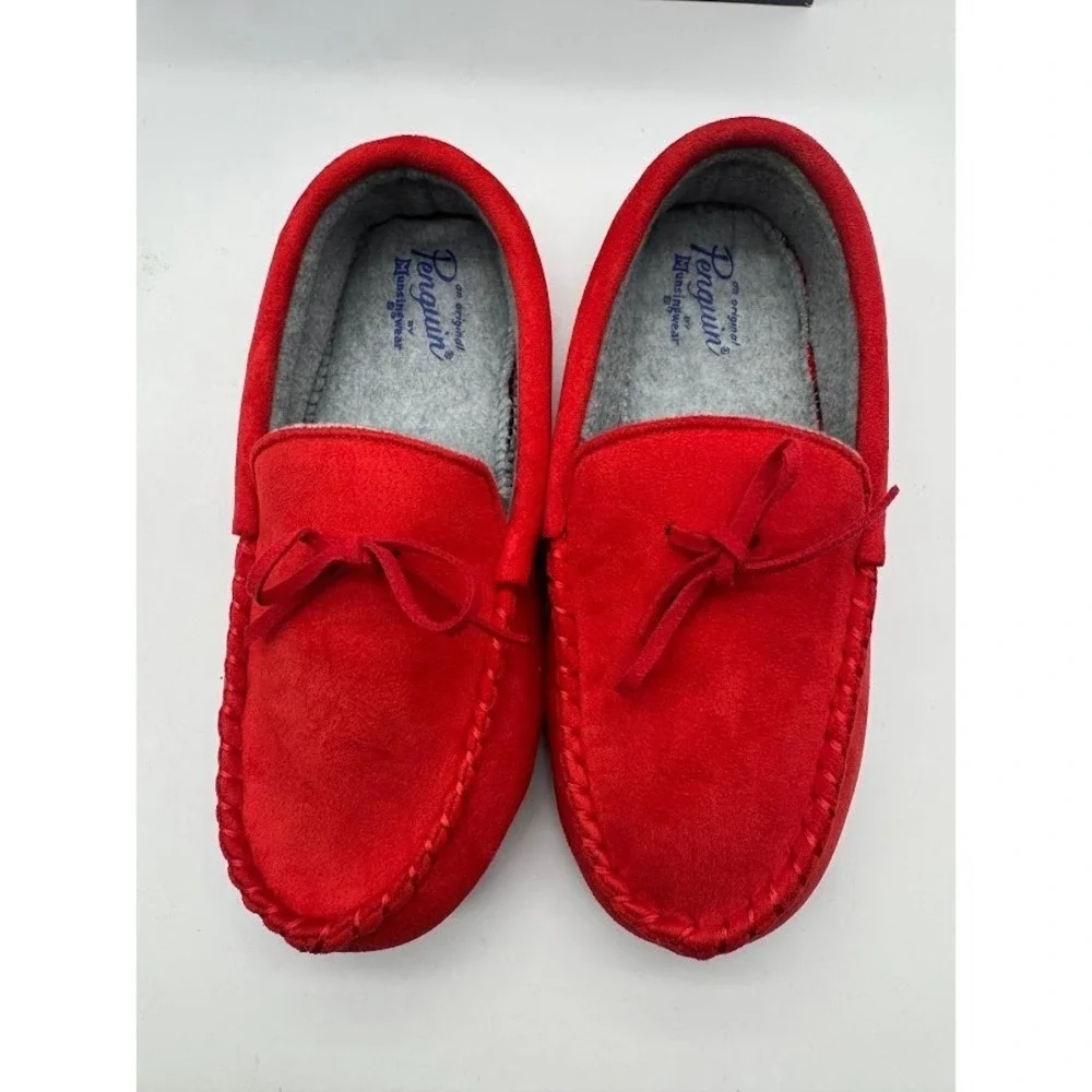 Original Penguin Kids Red Moccasin Slippers Fleece‎ Lined House Shoes Size 4